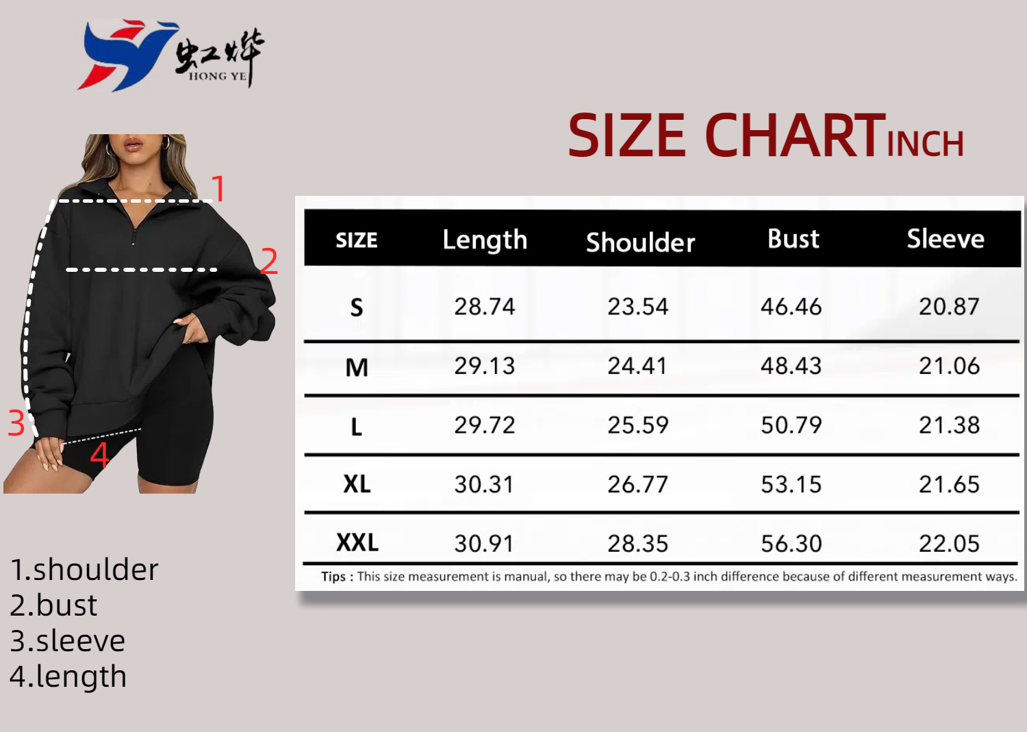 size chart of Half Zipper Hoodie